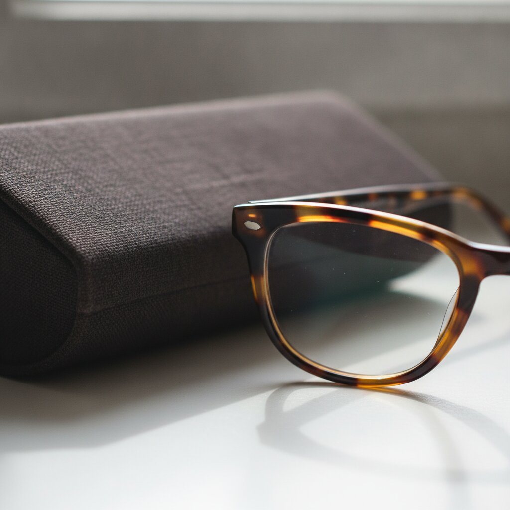 A tortoiseshell acetate frame folded on its case, catching the light