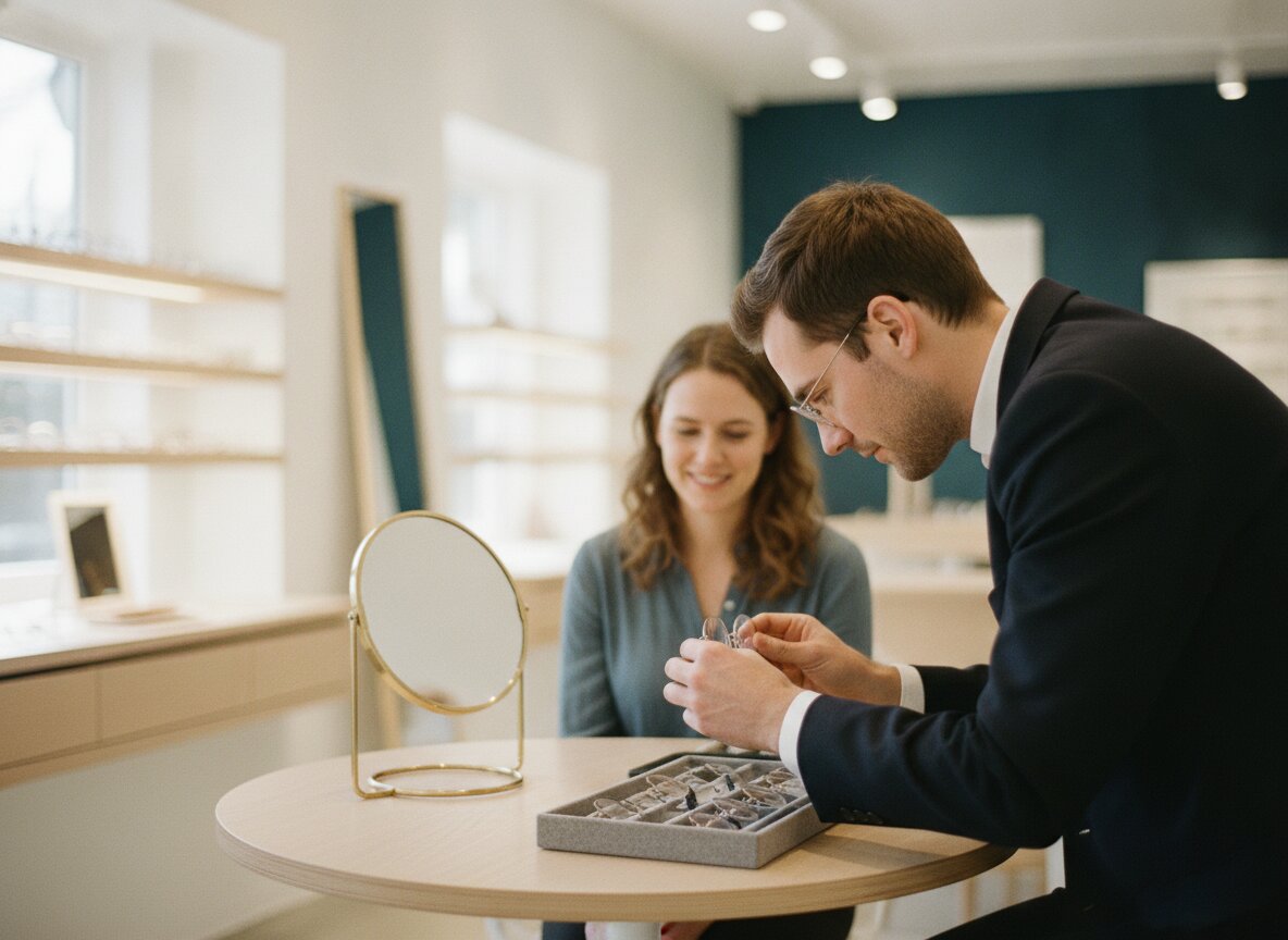 An optician adjusting frames on a customer at the fitting table