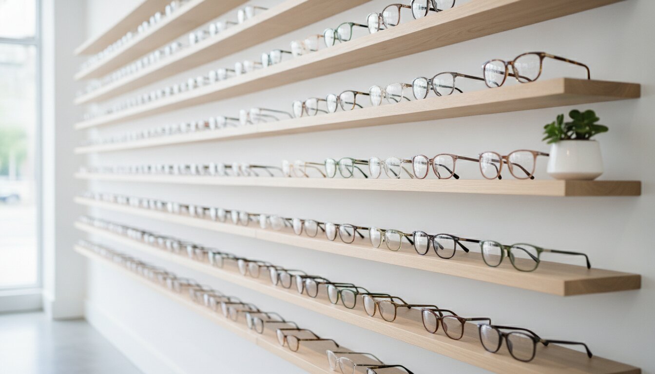 The Focal frame wall, rows of frames on light wood shelves in bright daylight