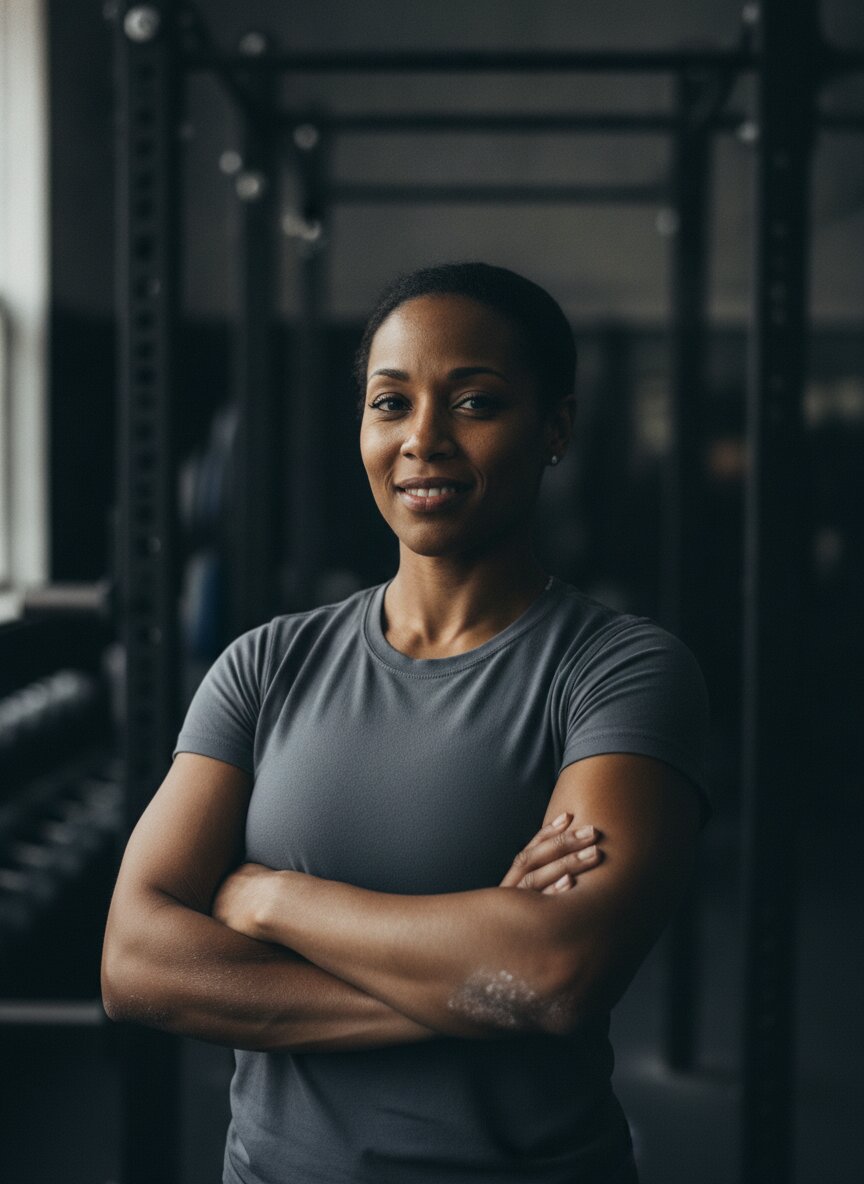 Coach Dana Okafor, arms crossed, in the studio