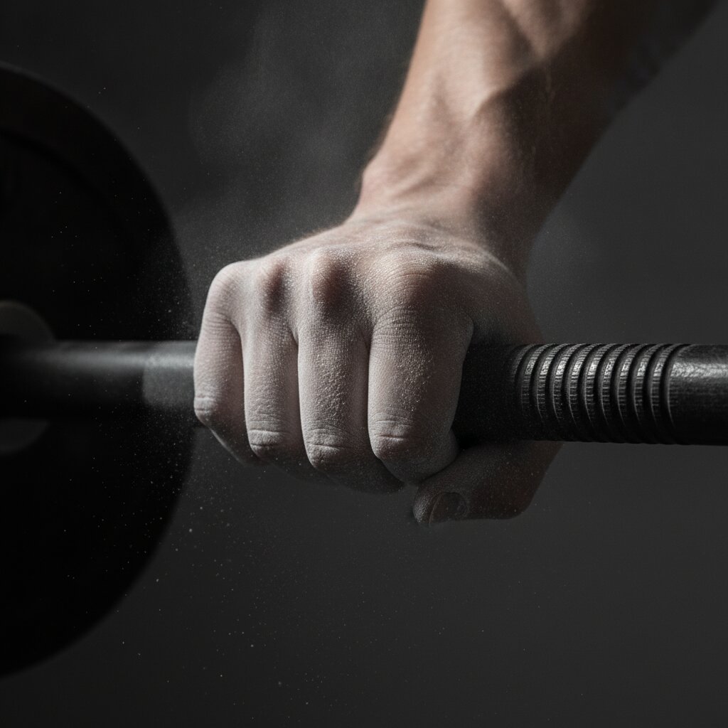 Chalked hands gripping a barbell, close up