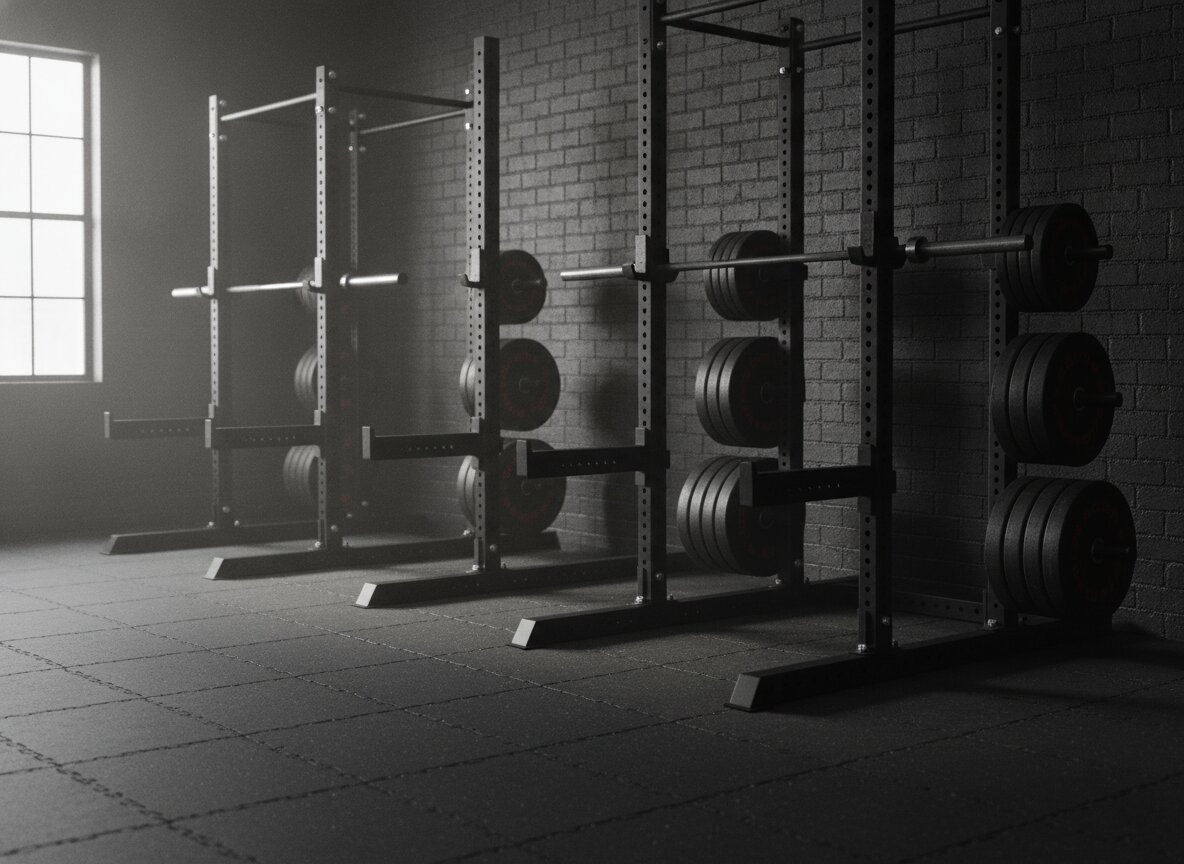 Squat racks and bumper plates in the Forge studio