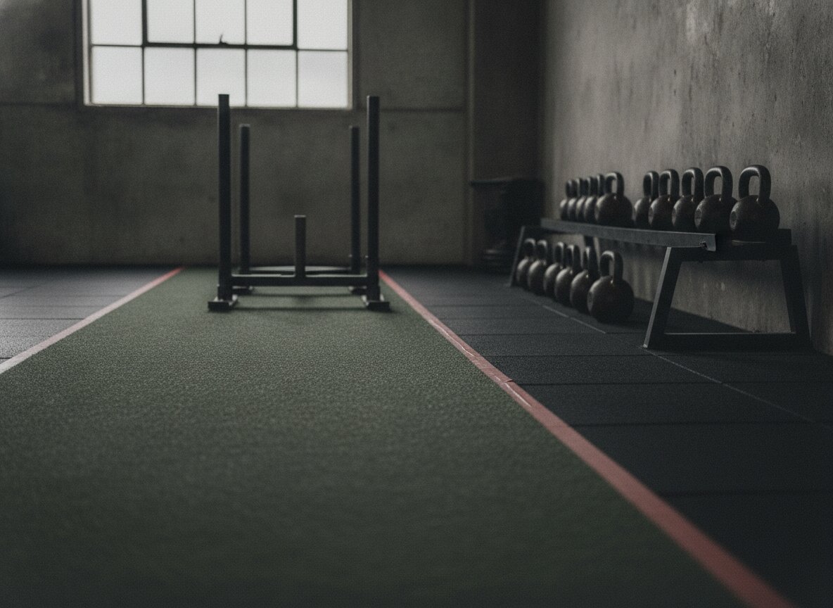 The turf strip with a sled and kettlebells on the rack
