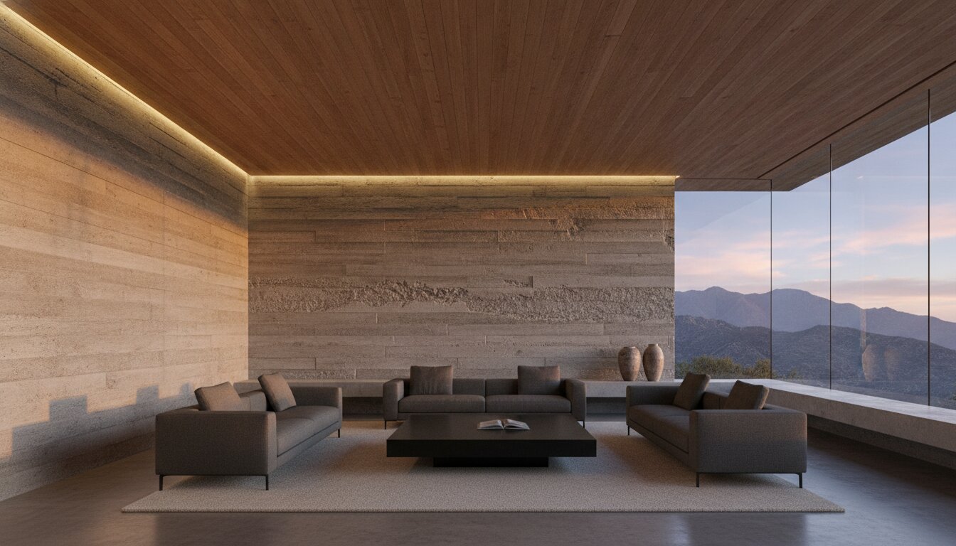 Hillside House living room — concrete, cedar ceiling, ridgeline view
