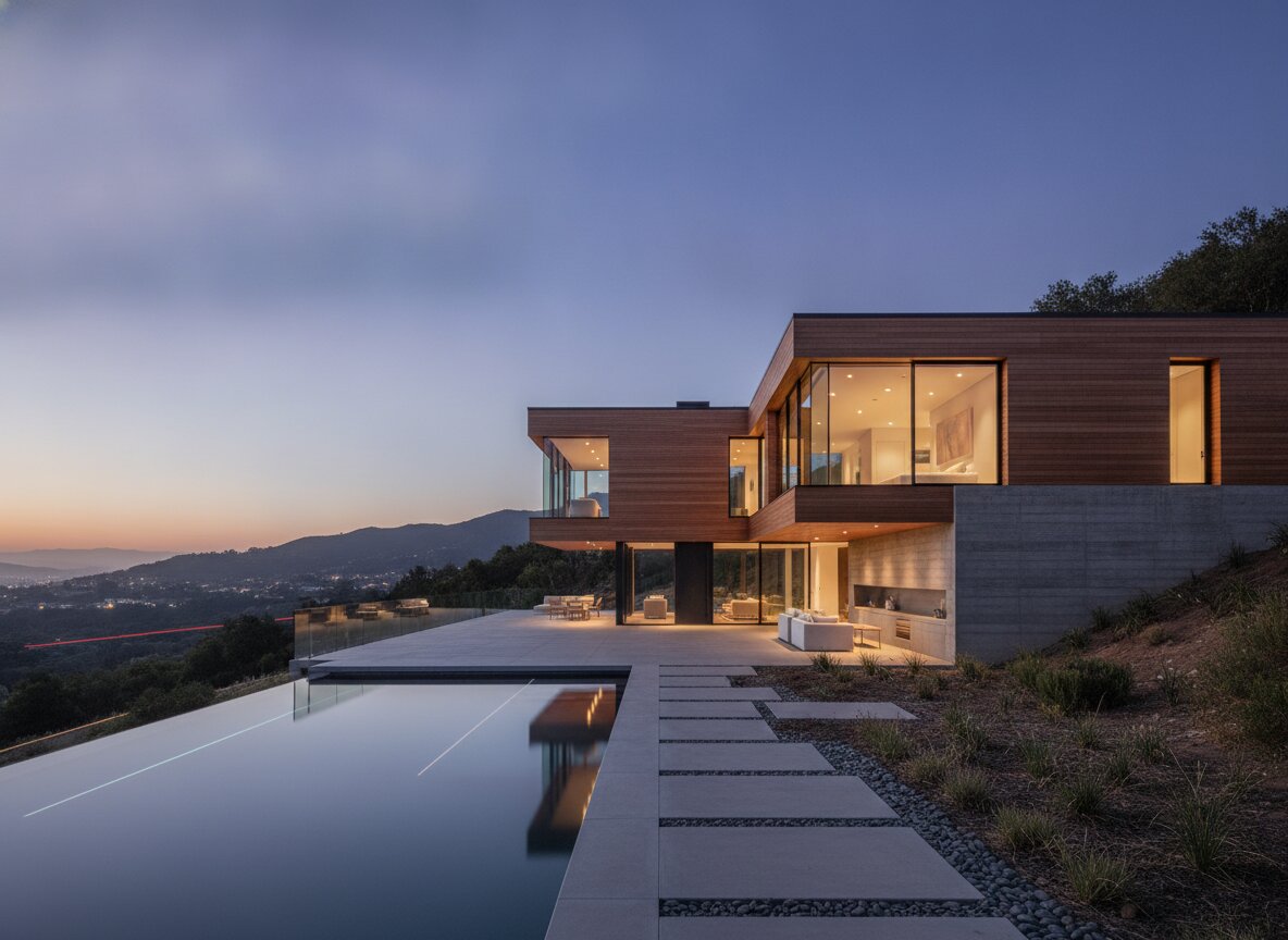 The house at dusk, lit from within