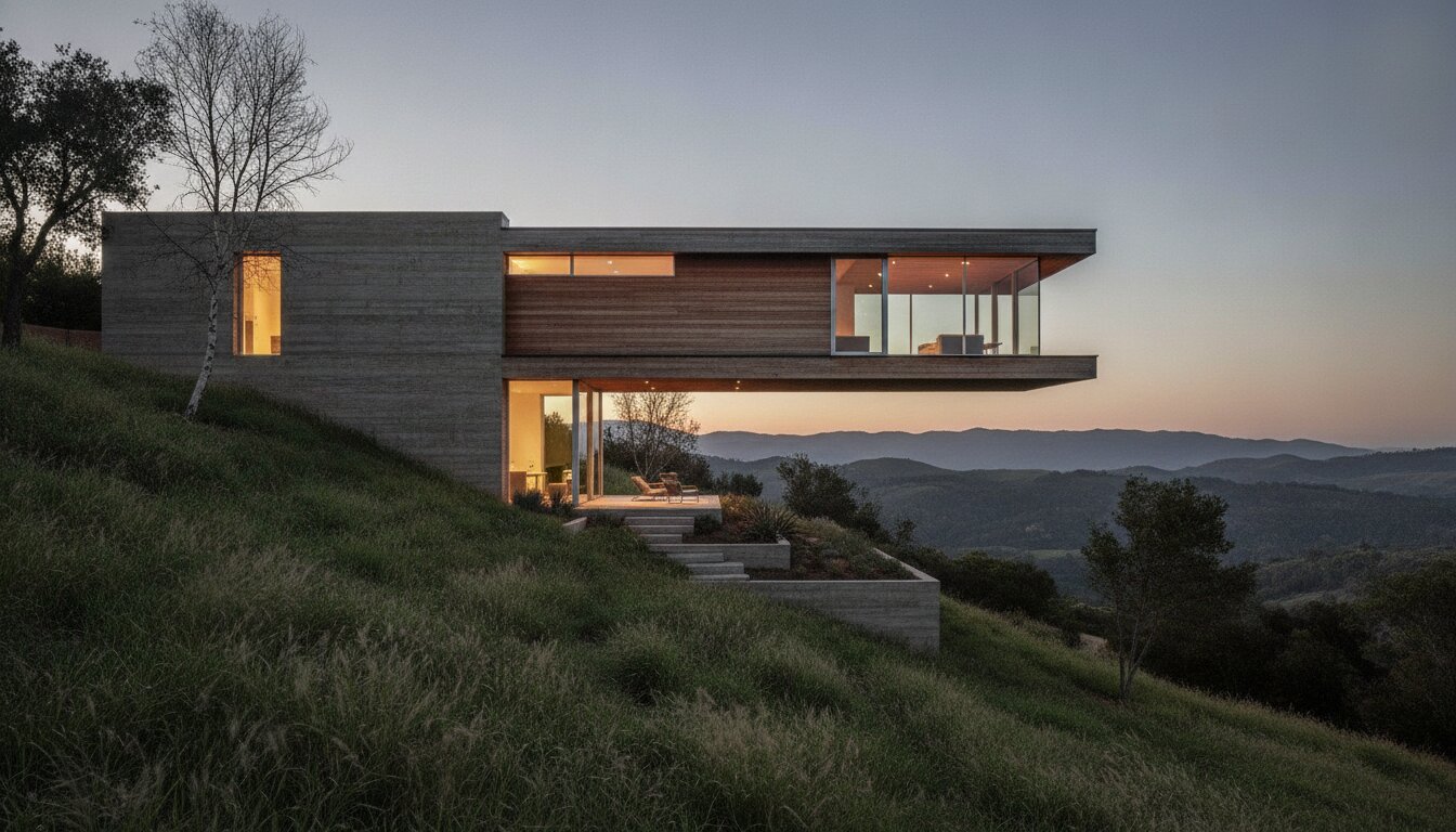 Hillside House — board-formed concrete and cedar above a slope