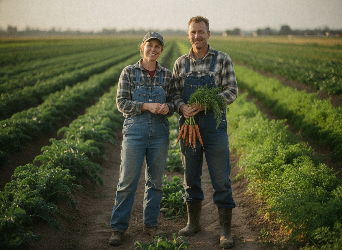 Nell and Dario standing in a field row at golden hour