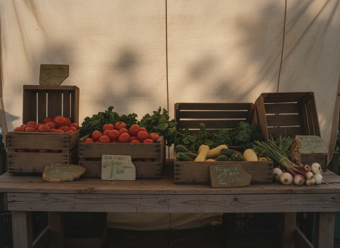 The farm stand under its canvas canopy