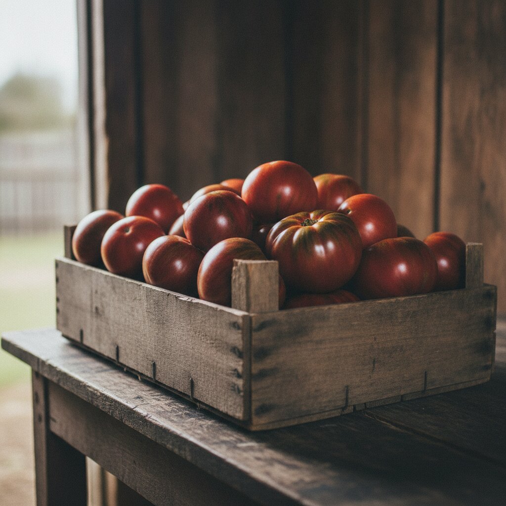 Heirloom tomatoes heaped in a wooden crate