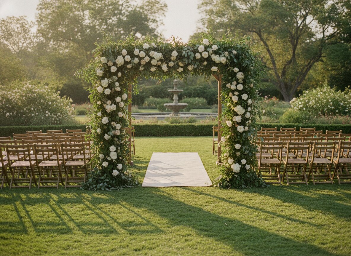 Ceremony arch with garland greenery at golden hour