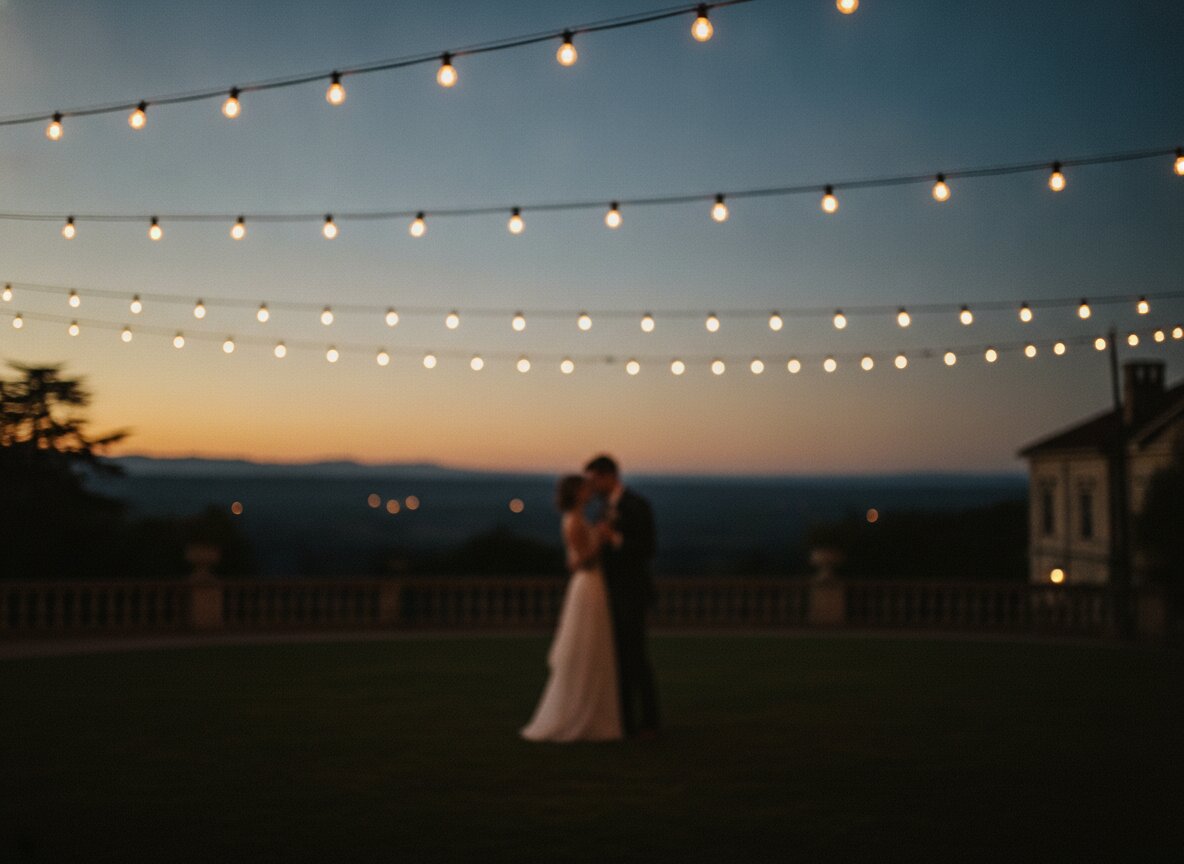 A couple dancing at dusk under string lights