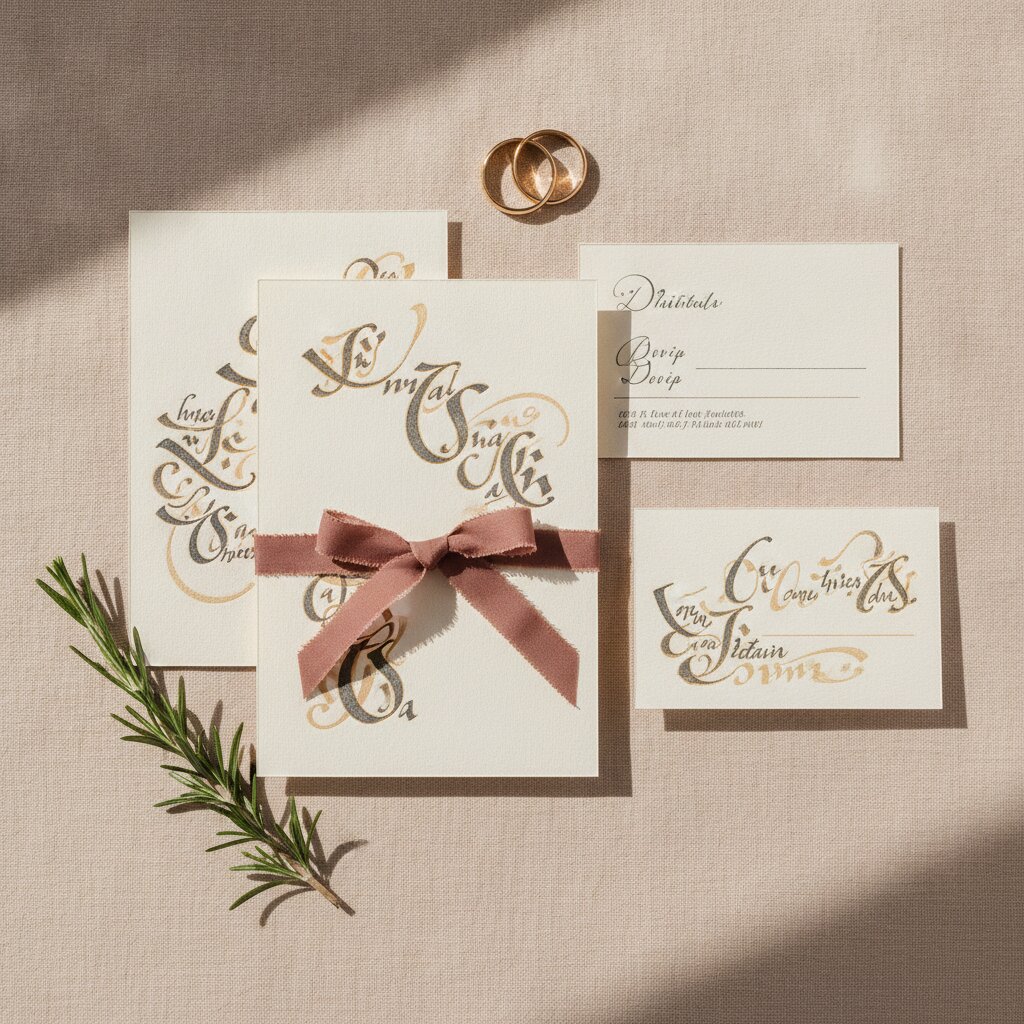 Invitation suite, rings, and rosemary on linen