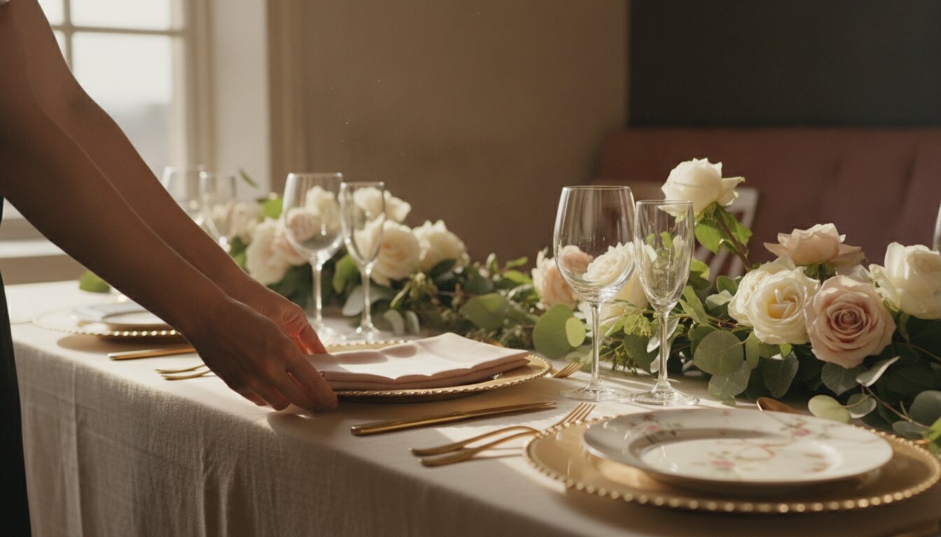 Ines adjusting place settings on a set reception table