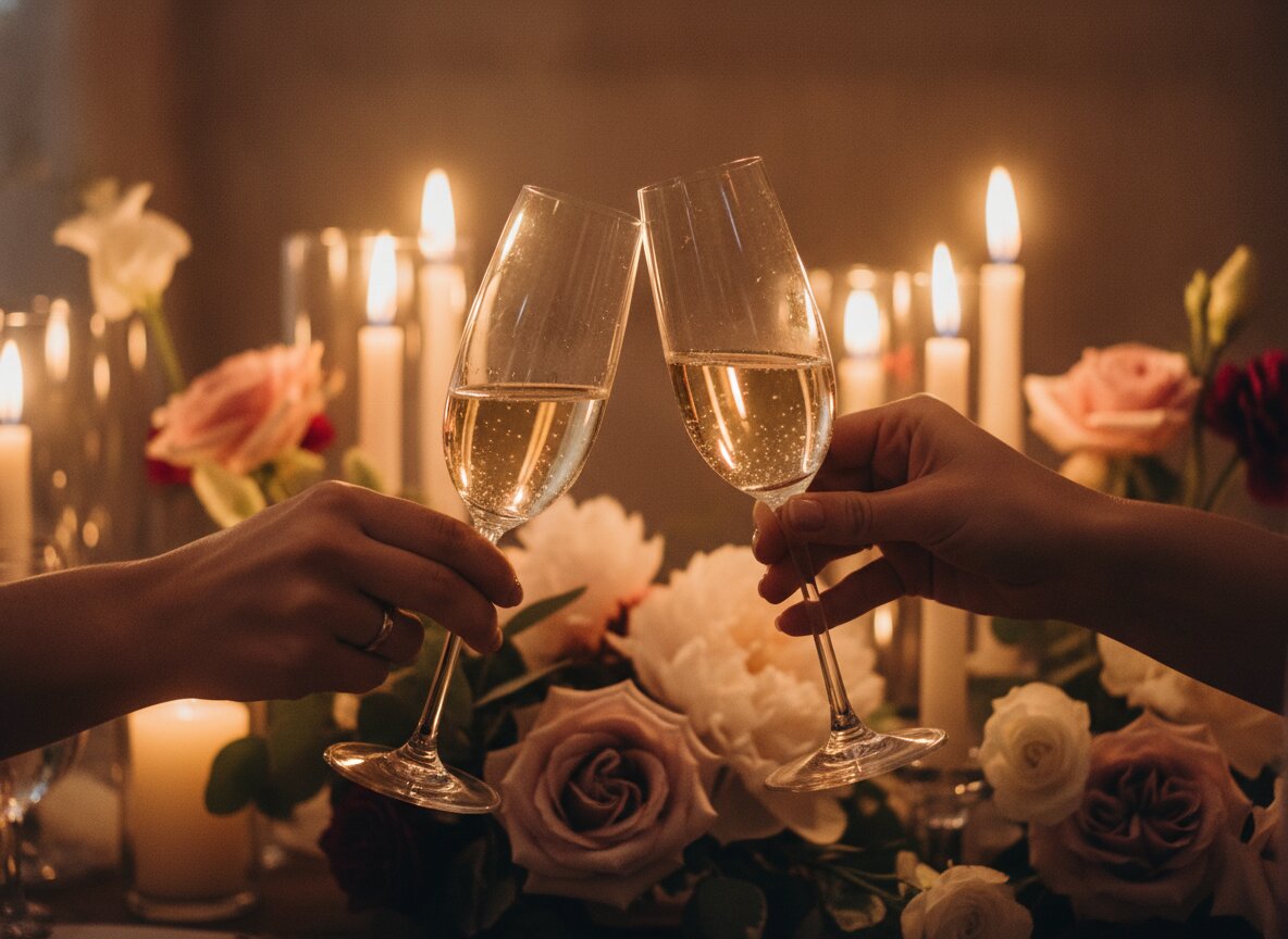 Raised glasses catching candlelight at a wedding dinner
