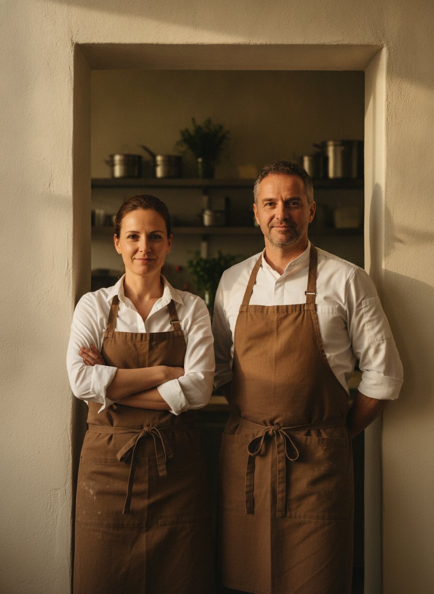 Chefs June Aldana and Theo Merrick in aprons at the kitchen door