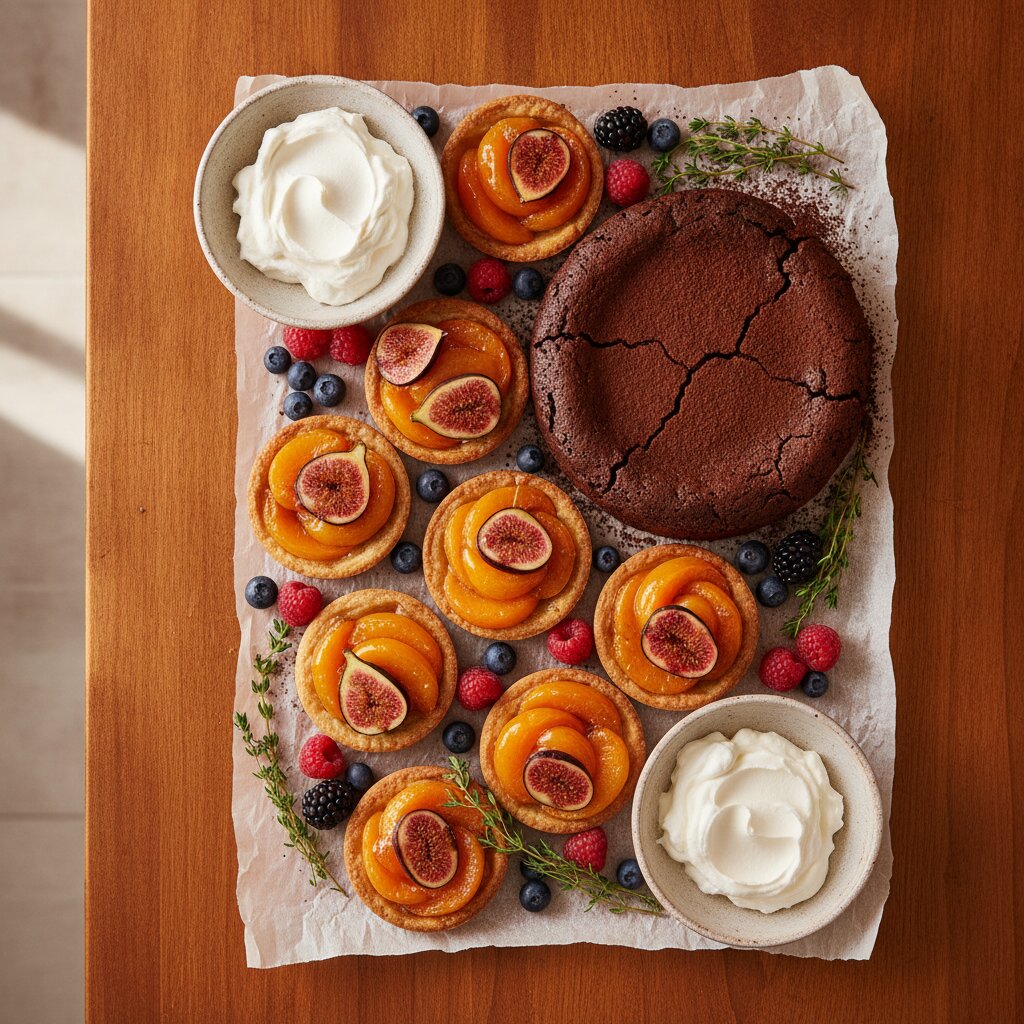 A dessert board of tarts and fruit from overhead