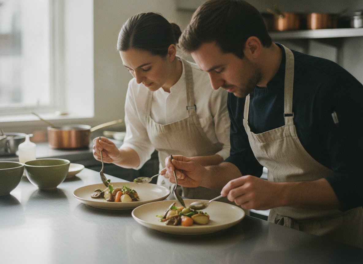 June and Theo plating a course side by side in the bright kitchen