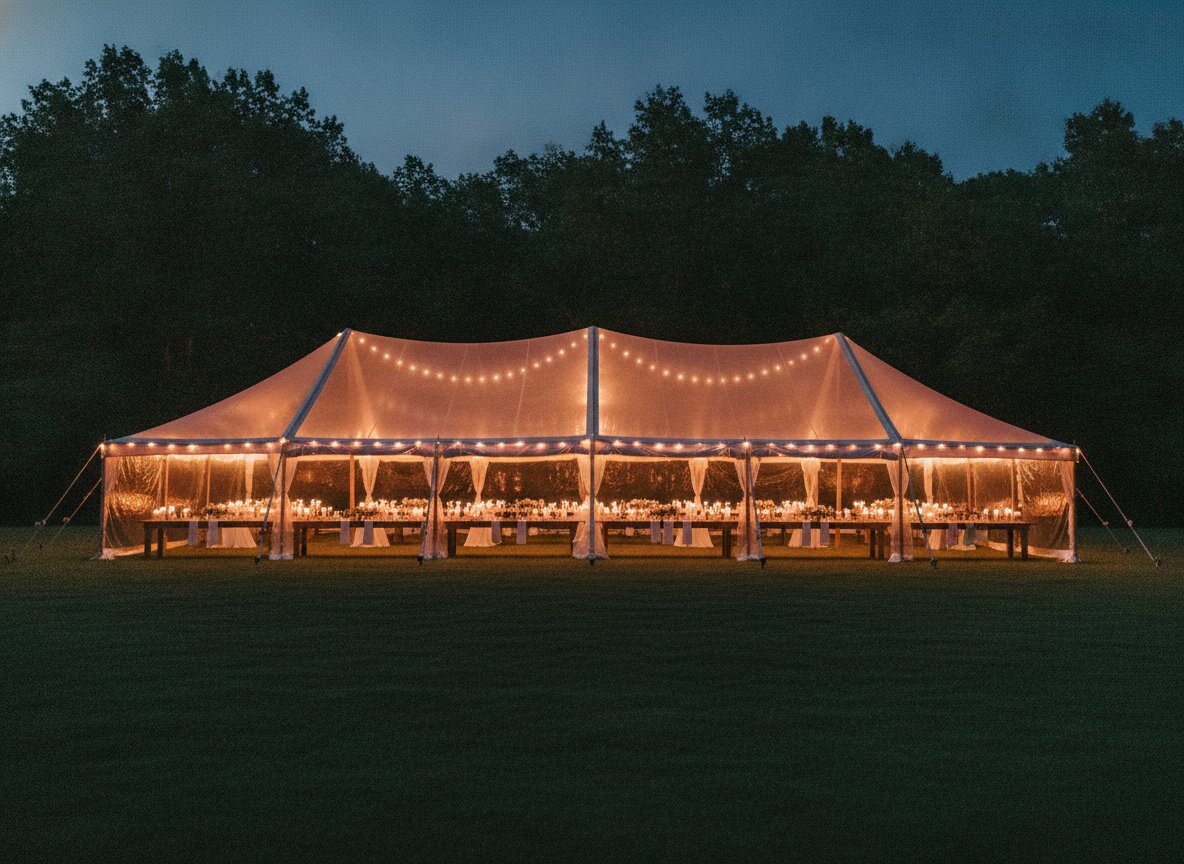 A reception tent glowing at evening with tables set inside