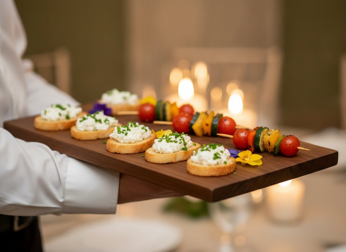 A server's hands passing a tray of composed appetizers