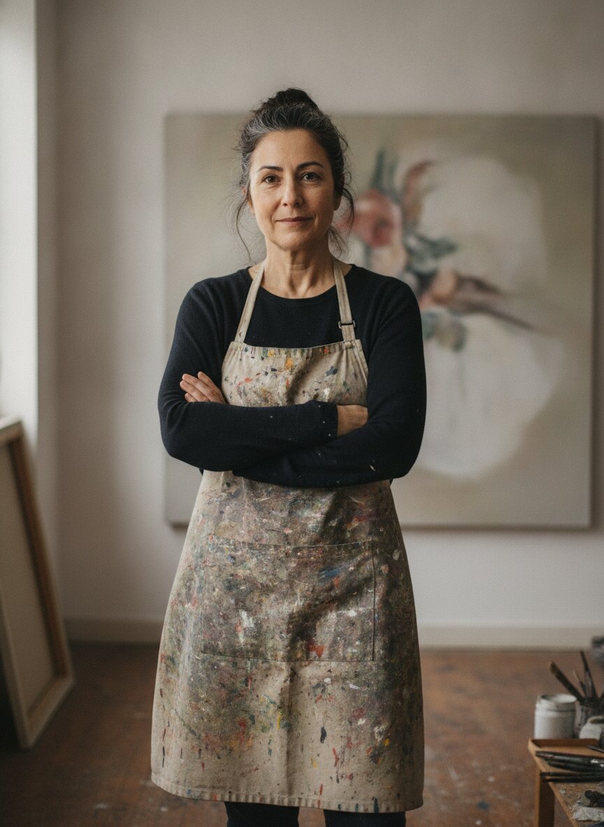 Iris Kanellos standing in her studio in a paint-marked apron, arms crossed