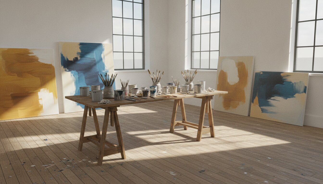 The sunlit Athens studio, large canvases leaning against the walls