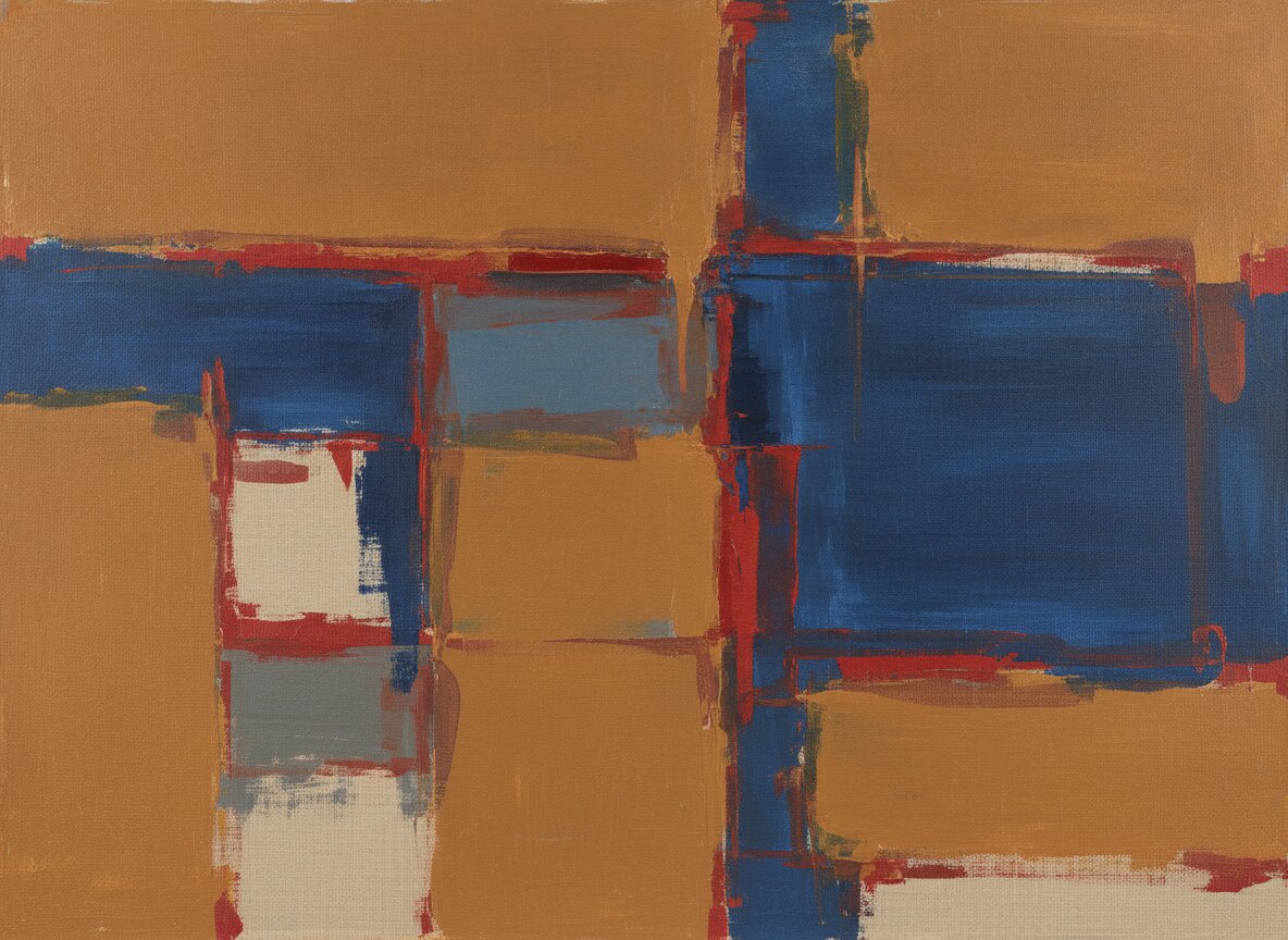 Aegean Terrace: abstract painting of layered ochre and deep blue fields with scraped passages