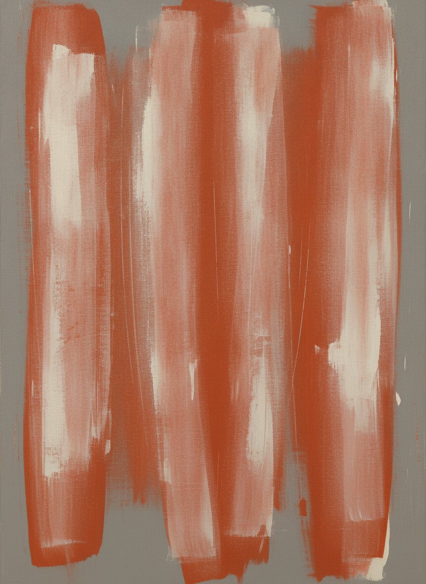 Red Earth, Standing: tall abstract painting of rust red and bone gestural strokes