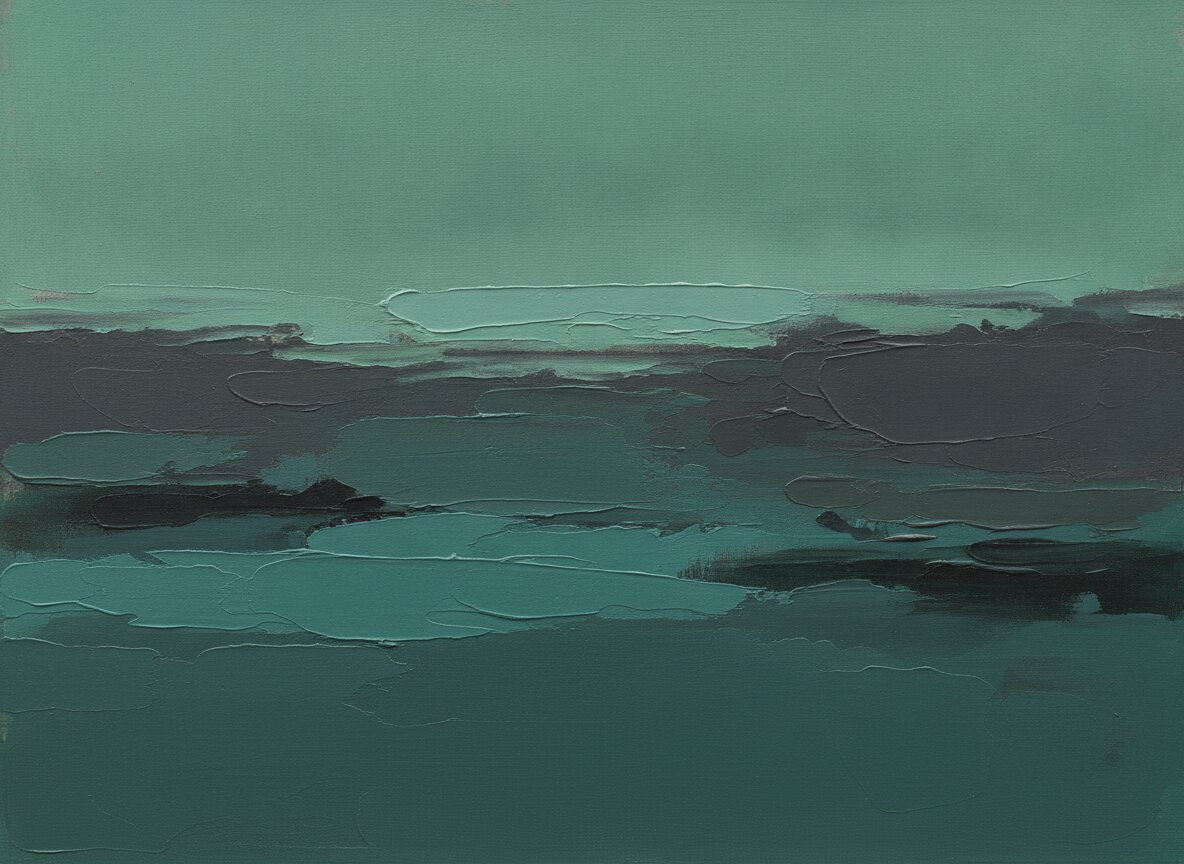Harbour in Winter: wide abstract painting in sea greens and graphite with heavy impasto