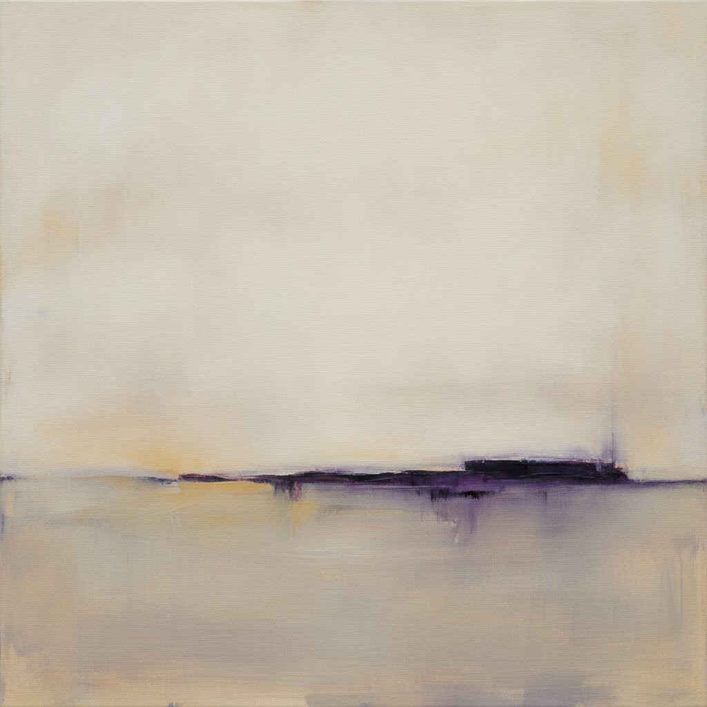 One Violet Hour: square abstract painting in warm whites crossed by a single violet gesture