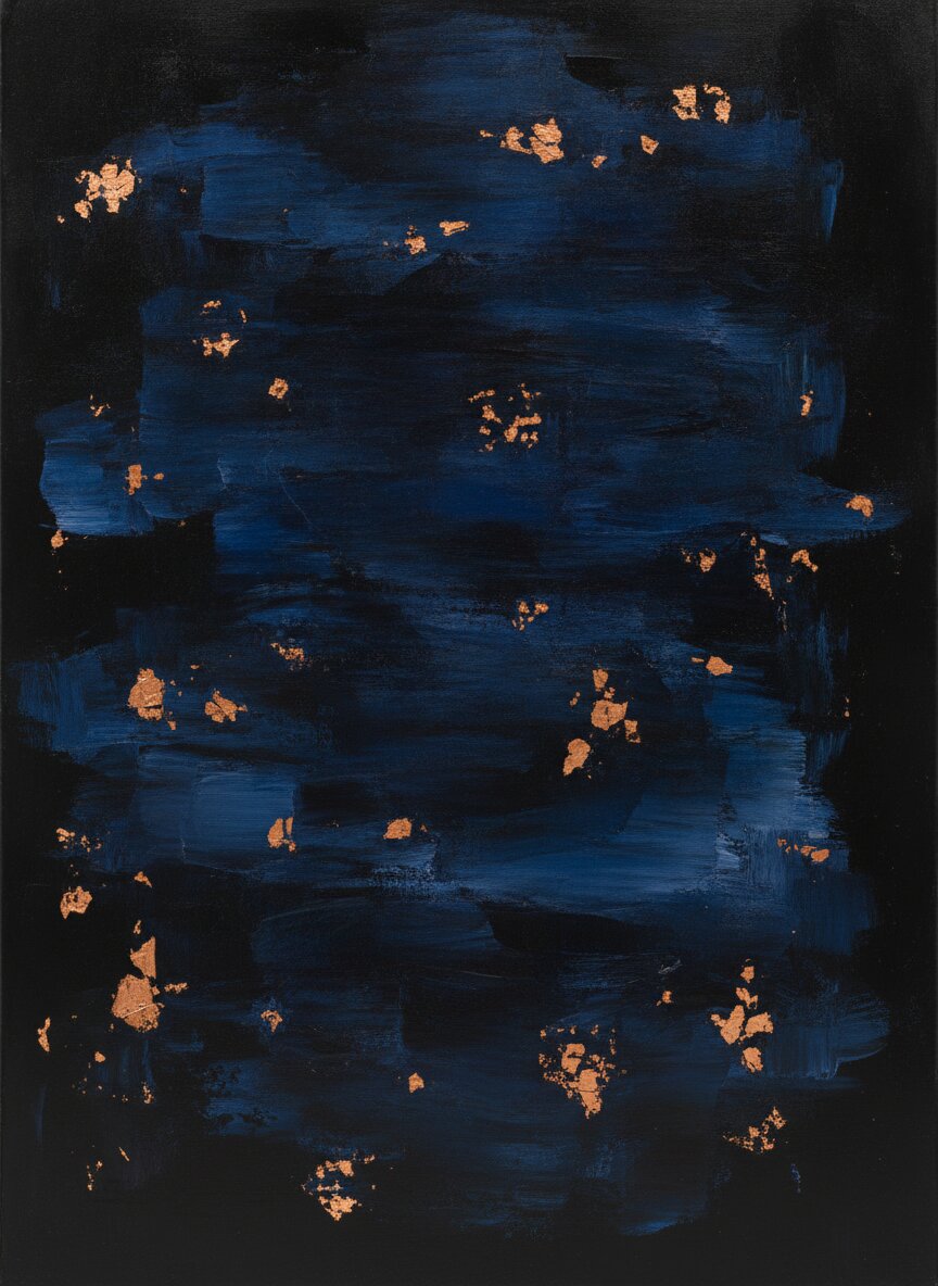 Nocturne with Copper: dark abstract painting in night blues with fragments of copper leaf
