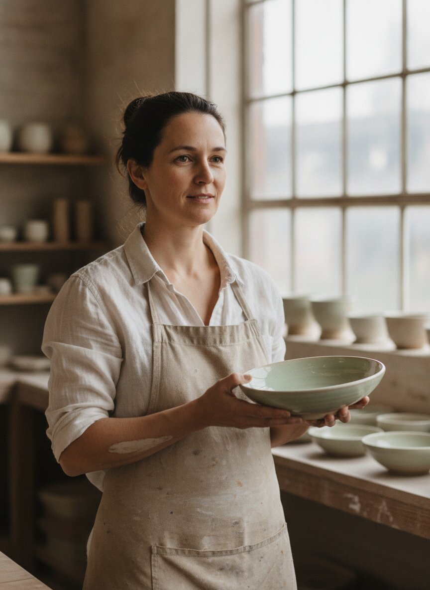 Ines Marlow, founder of Glaze, in a clay-dusted apron holding a wide celadon bowl