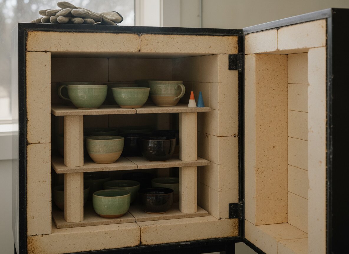 The open front-loading kiln, shelves of freshly fired celadon and oatmeal bowls still warm