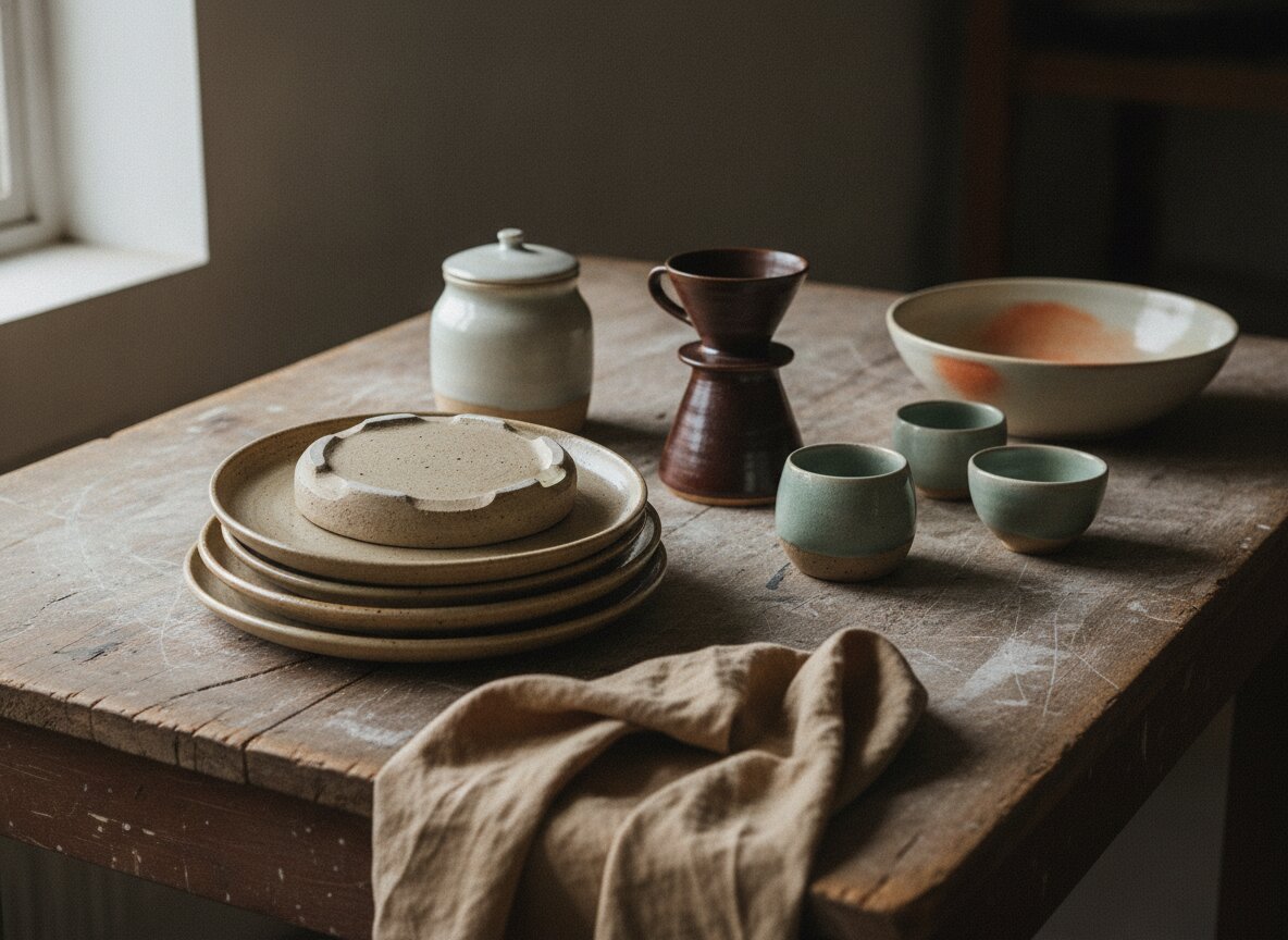 A table of finished stoneware plates, cups, and bowls in oatmeal, celadon, and tenmoku glazes