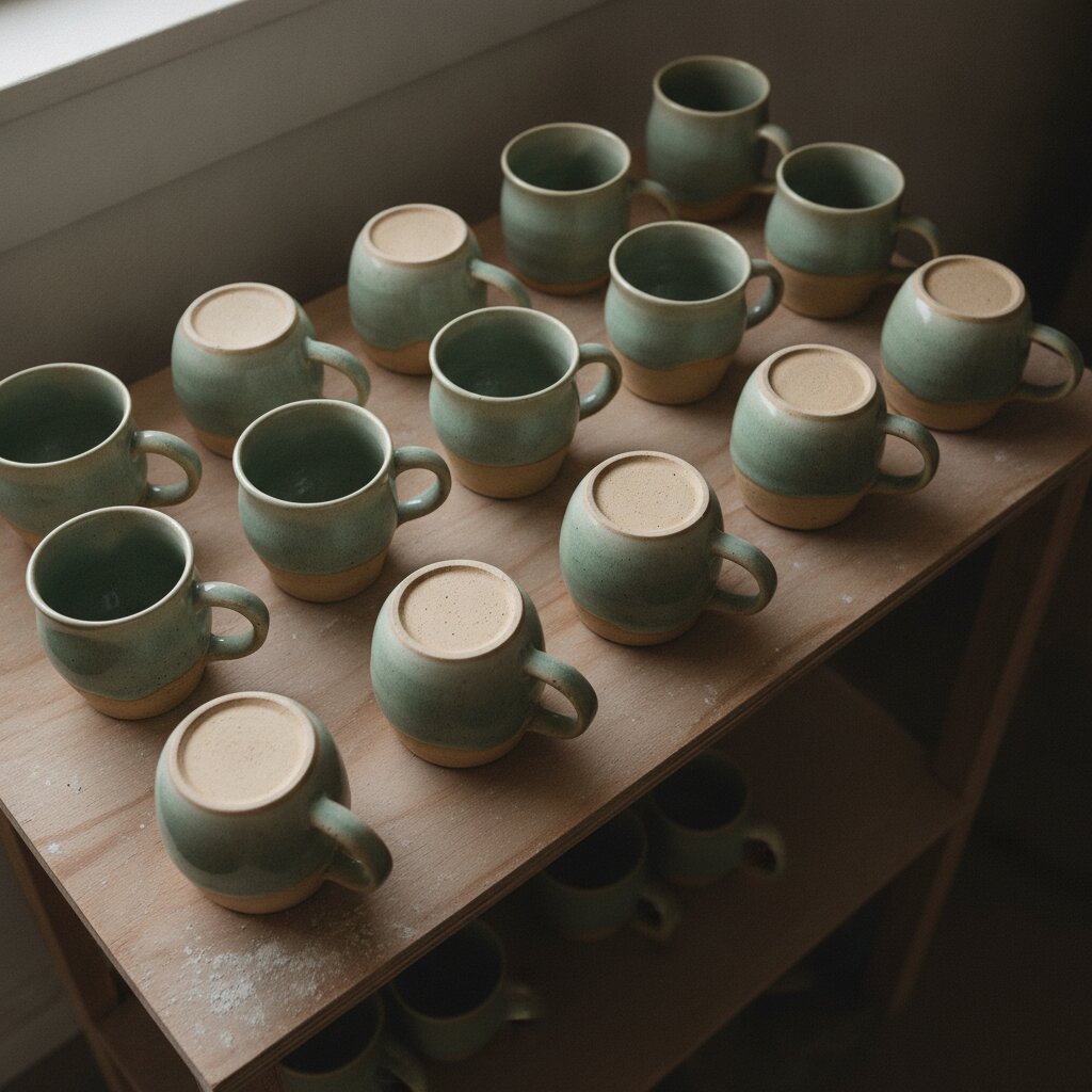 A shelf of celadon-glazed mugs seen from above
