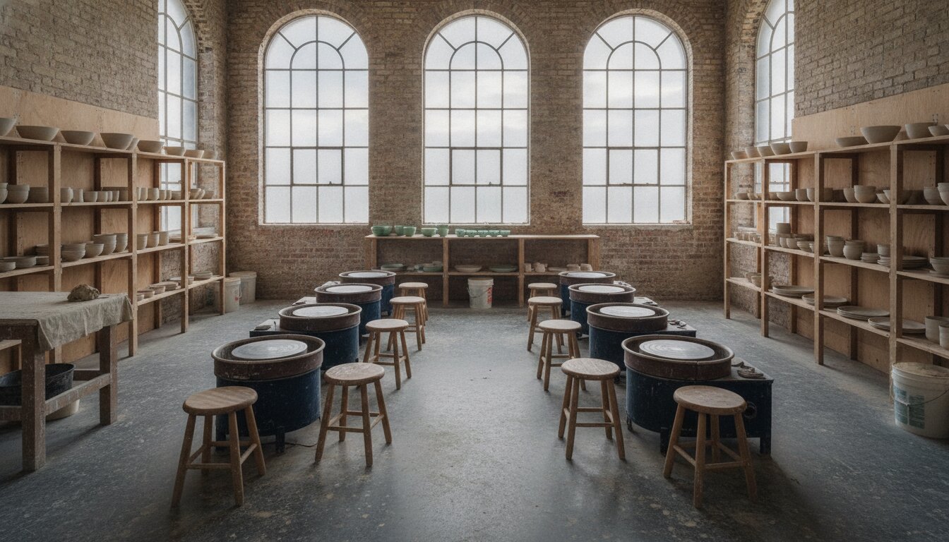 The Glaze studio floor: two rows of potter's wheels, shelves of bisqueware, and the creamery's tall industrial windows