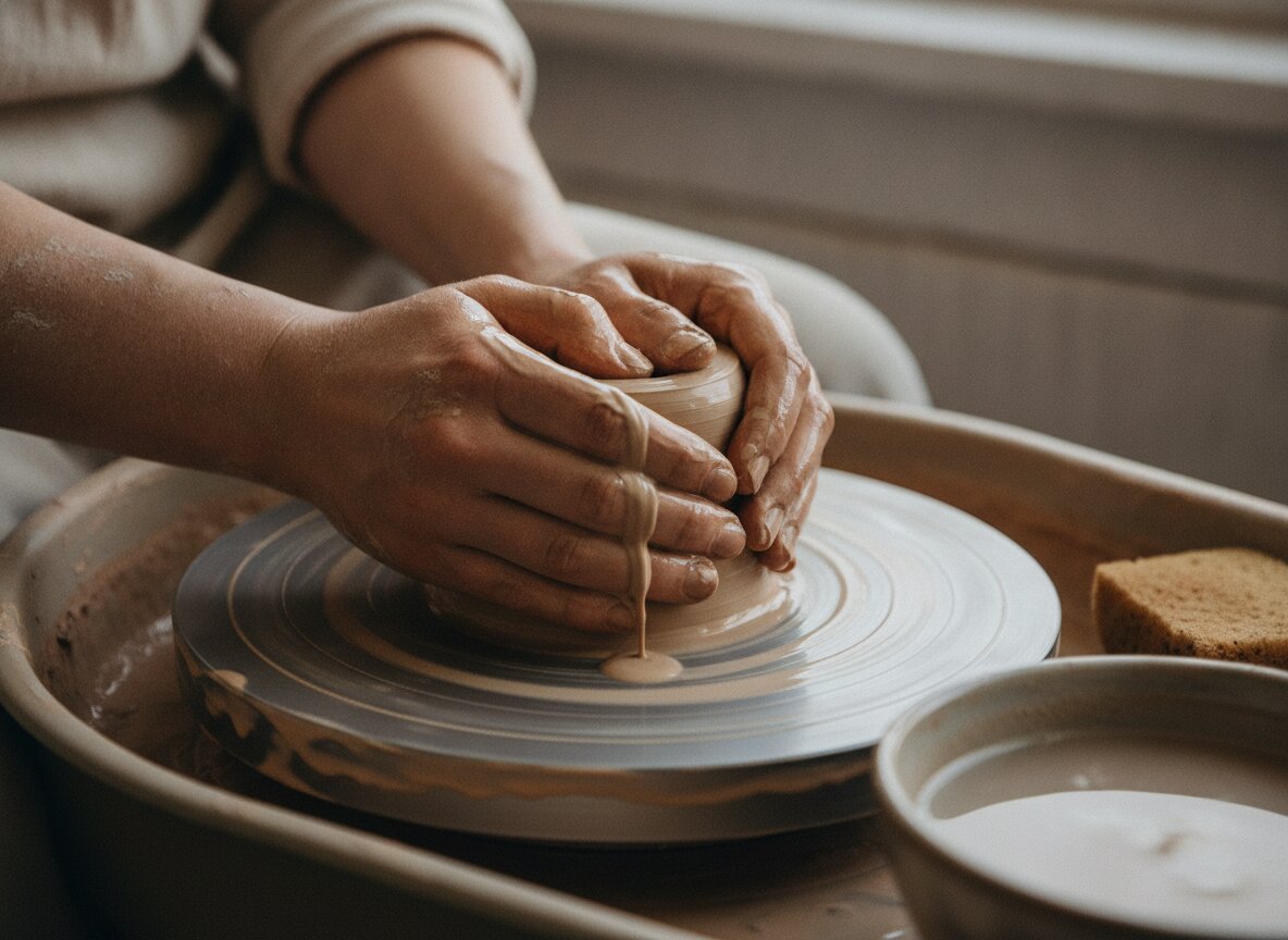 Two hands centering wet clay on a spinning wheel, slip running over the knuckles