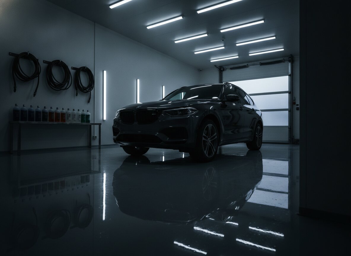 A dark SUV under the LED light bars in bay one at Gloss
