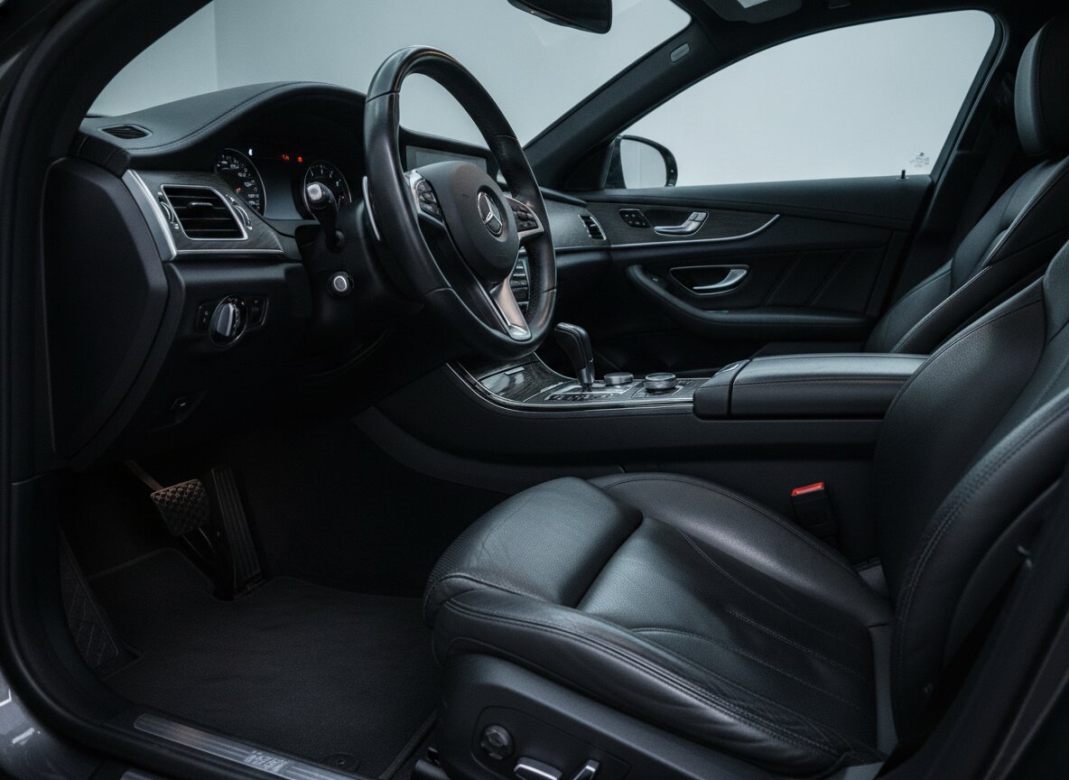 A freshly detailed leather interior, driver's seat and steering wheel
