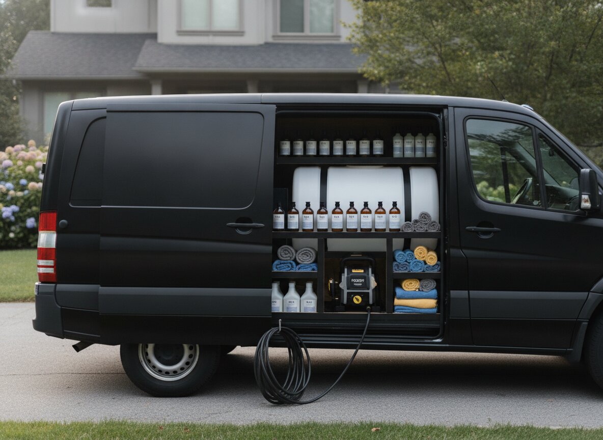 The Gloss mobile detailing van parked in a driveway with its side door open