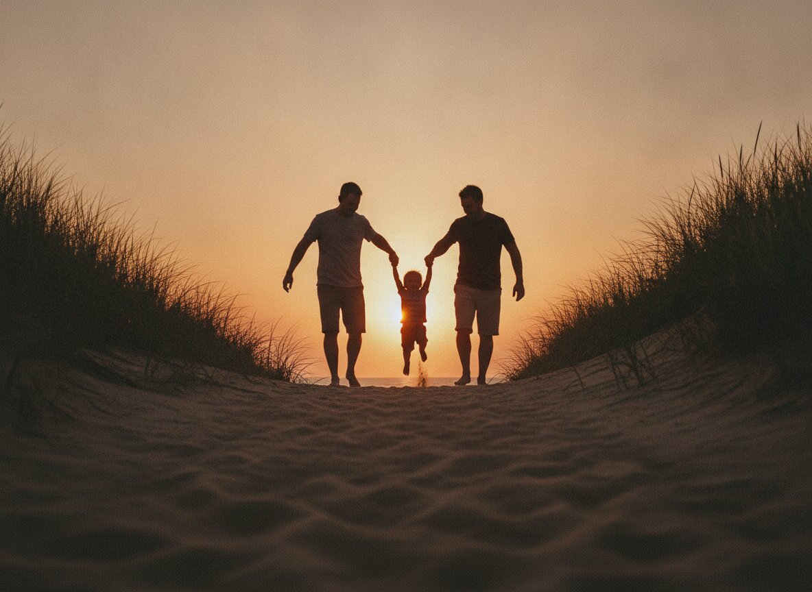 A family swinging a child between them on a beach path at dusk