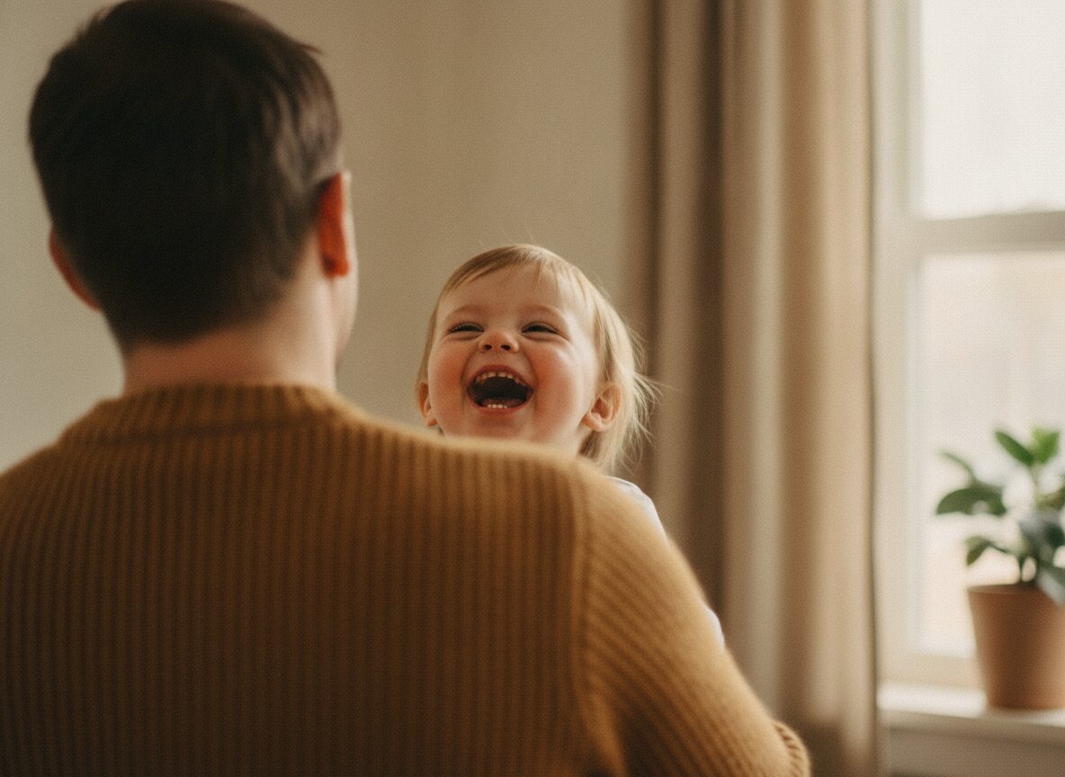 A toddler laughing over a parent’s shoulder