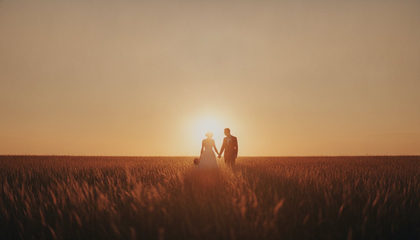 A couple walking through tall golden grass at sunset