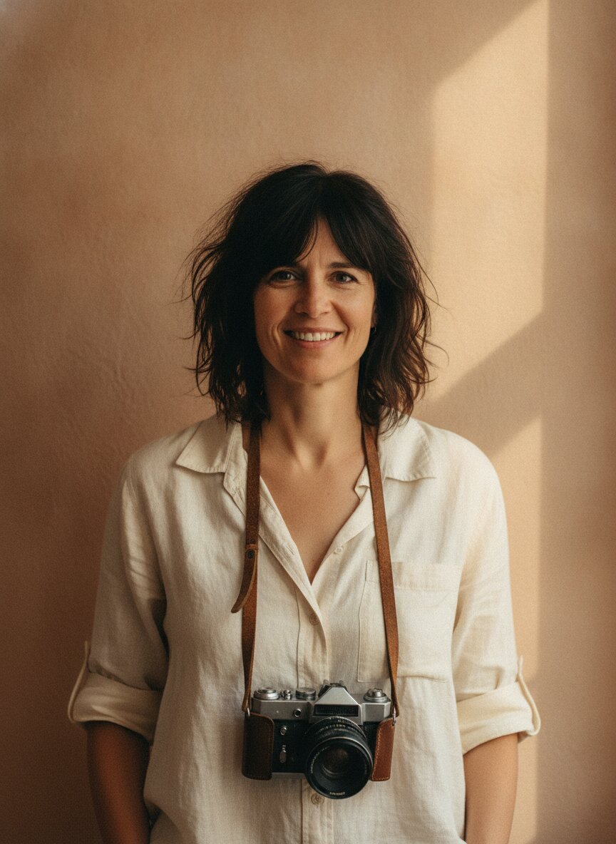 Noor Haddad with a film camera on a strap, smiling in warm light
