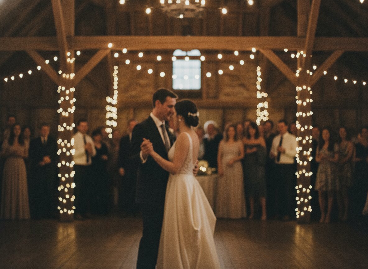 A first dance under string lights