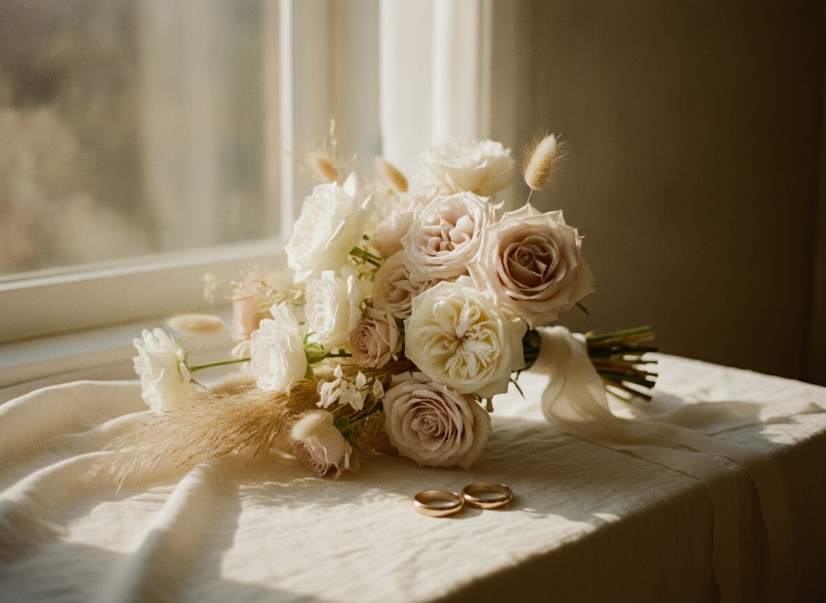 Bouquet and rings laid on linen in window light