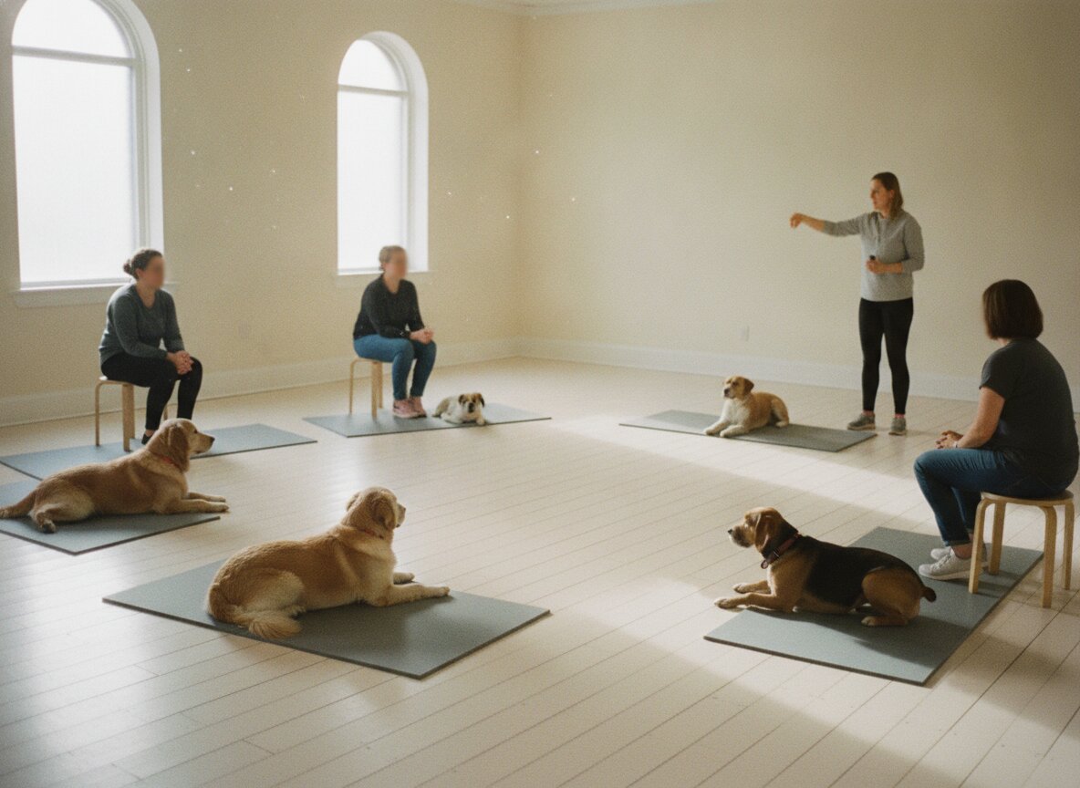 A small group class in the studio, dogs settled on mats with their handlers
