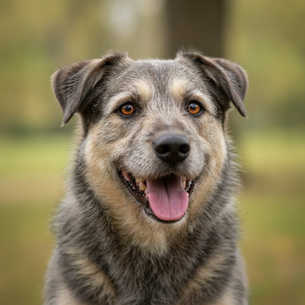 A scruffy rescue mix mid-grin, close up