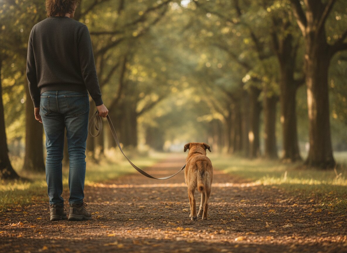 A dog walking on a loose leash at heel along a leafy path, seen from behind