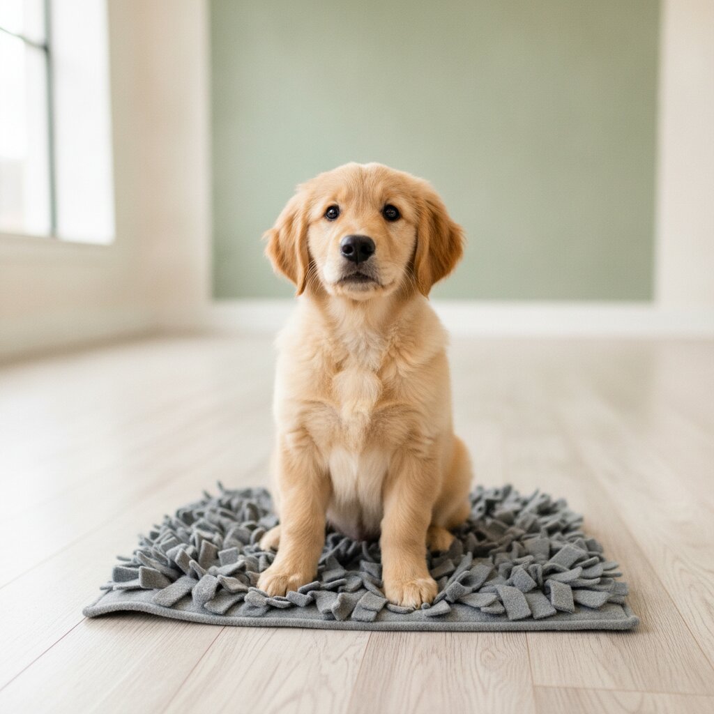 A puppy sitting on a treat mat in the studio, looking up