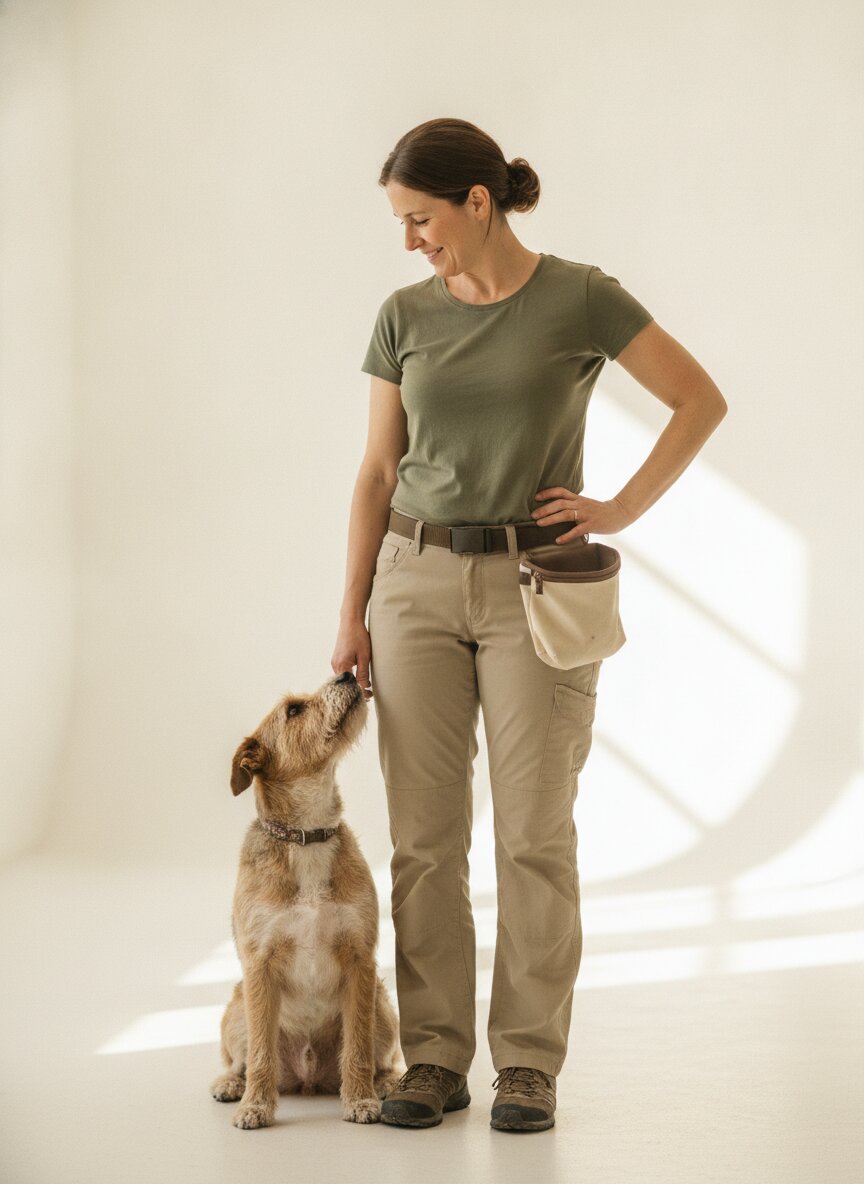 Marin Okafor, treat pouch on her hip, a dog leaning against her leg